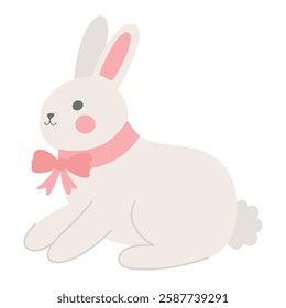 Cute kawaii sweet Easter bunny rabbit with pink ribbon bow simple vector illustration isolated on white background