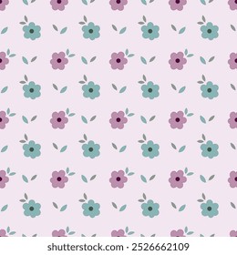 Cute kawaii sweet pastel floral seamless pattern with purple background