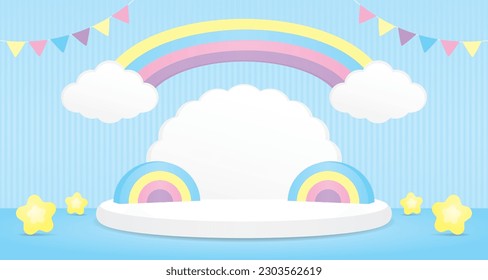 cute kawaii sweet pastel rainbow arch with cloud shape podium display 3d illustration vector scene for putting object