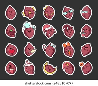 Cute kawaii sweet potato with funny face. Sticker Bookmark. Adorable cartoon food character. Hand drawn style. Vector drawing. Collection of design elements.