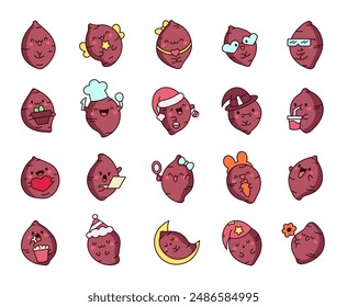 Cute kawaii sweet potato with funny face. Adorable cartoon food character. Hand drawn style. Vector drawing. Collection of design elements.