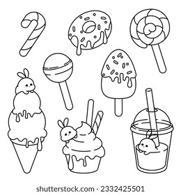 Cute Kawaii Sweets.  Vector line art clipart set in kawaii style depicting sweets, ice cream, lollipops, donuts, milkshake, cupcake. Black line on an isolated cut out background.