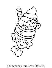 Cute kawaii taiyaki ice cream coloring page illustration for kids