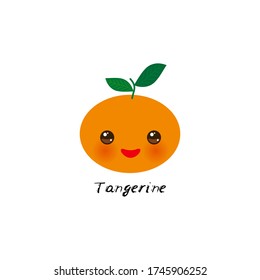 cute Kawaii tangerine with eyes and pink cheeks, isolated on white background trend of the season. Can be used for cards for children learning words, food packaging. Vector