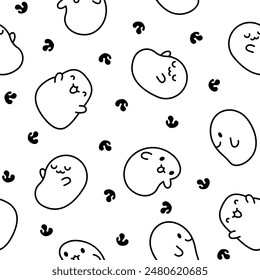 Cute kawaii tapioca pearls. Seamless pattern. Coloring Page. Cartoon funny characters. Hand drawn style. Vector drawing. Design ornaments.