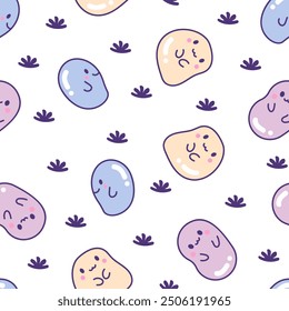 Cute kawaii tapioca pearls. Seamless pattern. Cartoon funny characters. Hand drawn style. Vector drawing. Design ornaments.