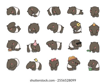 Cute kawaii tapir character animal set with various funny poses including sitting, standing, eating, with charming accessories like hat, crown, bow, gift