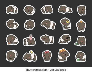 Cute kawaii tapir character animal set with various funny poses including sitting, standing, eating, with charming accessories like hat, crown, bow, gift