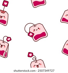 Carácter lindo de la historieta del bolso de té kawaii. Patrón sin fisuras. Estilo dibujado a mano. Dibujo de Vector. Diseña adornos.