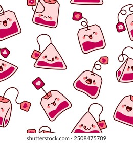 Cute kawaii tea bag cartoon character. Seamless pattern. Hand drawn style. Vector drawing. Design ornaments.