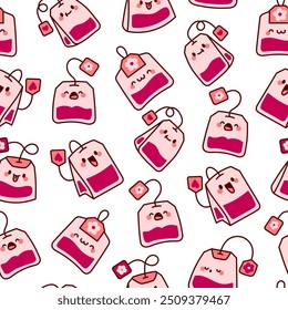 Cute kawaii tea bag cartoon character. Seamless pattern. Hand drawn style. Vector drawing. Design ornaments.