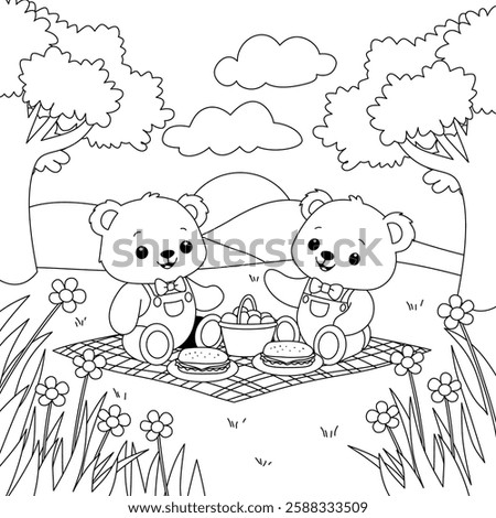 Cute kawaii teddy bear family on picnic cartoon character coloring page vector illustration, Hand-drawn colouring page for kids