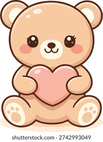 Cute Kawaii Teddy Bear Holding Heart Vector Graphic Design