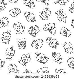 Cute kawaii teddy bear. Seamless pattern. Coloring Page. Cartoon funny animals character. Hand drawn style. Vector drawing. Design ornaments.