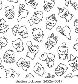 Cute kawaii teddy bear. Seamless pattern. Coloring Page. Cartoon funny animals character. Hand drawn style. Vector drawing. Design ornaments.