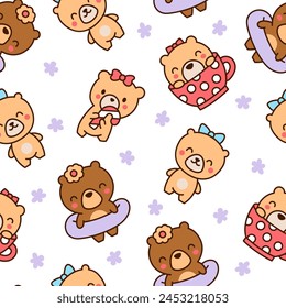 Cute kawaii teddy bear. Seamless pattern. Cartoon funny animals character. Hand drawn style. Vector drawing. Design ornaments.