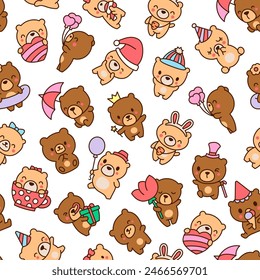 Cute kawaii teddy bear. Seamless pattern. Cartoon funny animals character. Hand drawn style. Vector drawing. Design ornaments.