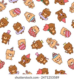 Cute kawaii teddy bear. Seamless pattern. Cartoon funny animals character. Hand drawn style. Vector drawing. Design ornaments.