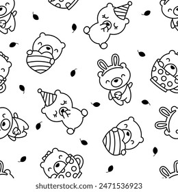 Cute kawaii teddy bear. Seamless pattern. Coloring Page. Cartoon funny animals character. Hand drawn style. Vector drawing. Design ornaments.