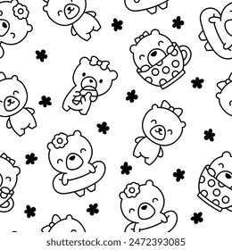 Cute kawaii teddy bear. Seamless pattern. Coloring Page. Cartoon funny animals character. Hand drawn style. Vector drawing. Design ornaments.