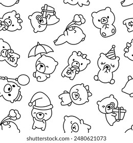 Cute kawaii teddy bear. Seamless pattern. Coloring Page. Cartoon funny animals character. Hand drawn style. Vector drawing. Design ornaments.