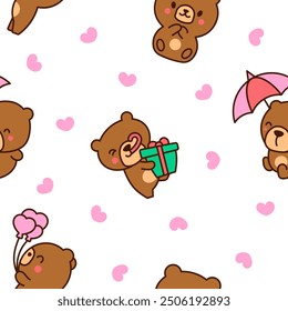 Cute kawaii teddy bear. Seamless pattern. Cartoon funny animals character. Hand drawn style. Vector drawing. Design ornaments.