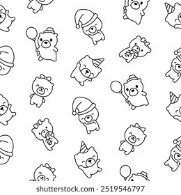 Cute kawaii teddy bear. Seamless pattern. Coloring Page. Cartoon funny animals character. Hand drawn style. Vector drawing. Design ornaments.