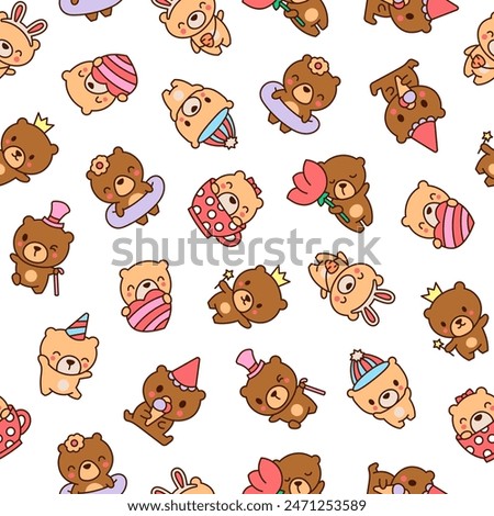 Cute kawaii teddy bear. Seamless pattern. Cartoon funny animals character. Hand drawn style. Vector drawing. Design ornaments.