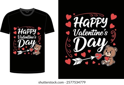 Cute Kawaii Teddy Bear Valentine's Day T-Shirt Design with Red Hearts and Romantic Vector Art