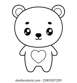 Cute kawaii teddy bear vector illustration. Adorable cartoon animal with heart shape. Outline drawing for coloring book and children's activities.