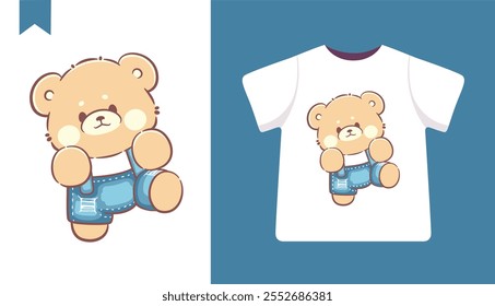 Ilustración linda de los diseños de la camiseta de los pantalones vaqueros azules del oso de peluche kawaii