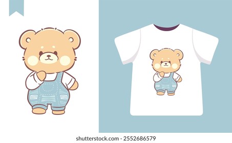 Ilustración linda de los diseños de la camiseta de los pantalones vaqueros azules del oso de peluche kawaii