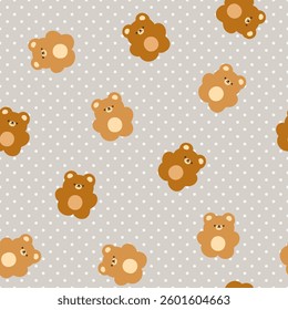 Cute kawaii teddy bears on a polka dot texture grey neutral background, seamless pattern with baby forest animals.