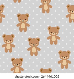 Cute kawaii teddy bears on a polka dot classical grey background, kids seamless pattern.