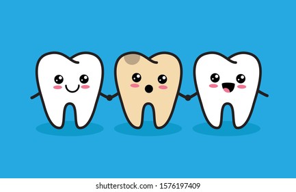 Cute kawaii teeth characters with one unhealthy tooth. Caries or tooth decay concept