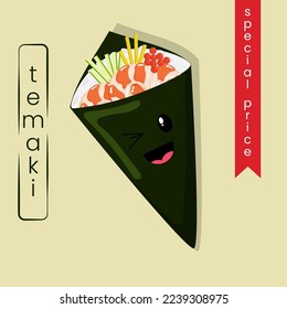 Cute kawaii temaki sushi banner, poster, social media post template.