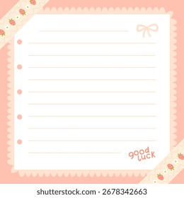 Cute kawaii template square vector frame with strawberries. Cartoon hand-drawn doodle style. for stationery, design stickers for notes, notebook sheets, posts for social networks. Pastel palette