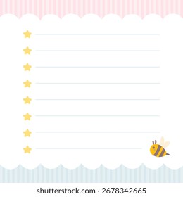 Moldura de vetor quadrado modelo kawaii bonito com abelhas e estrelas. Desenhos animados à mão estilo doodle. para artigos de papelaria, adesivo de design para notas, folhas de caderno, posts para redes sociais. Paleta do Pastel