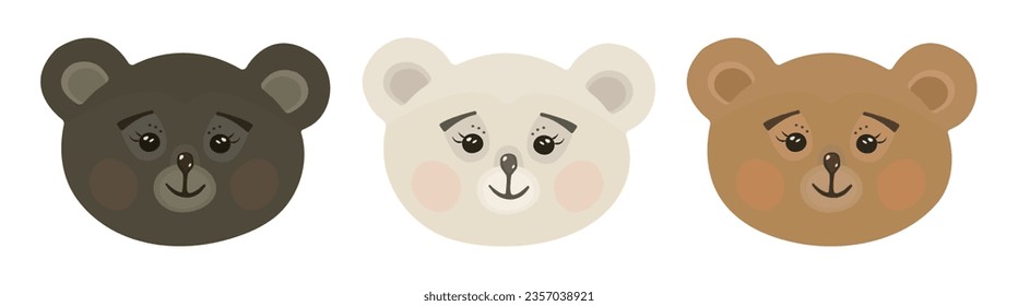 Cute kawaii three bear muzzles in different colors - brown, white and ginger red