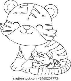 Cute kawaii tiger and baby cartoon character coloring page vector illustration. Wild animal, mothers day colouring page for kids