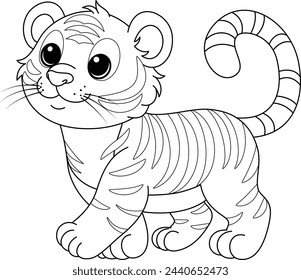 Cute Kawaii Tiger Cartoon Character Coloring Page Vector Illustration