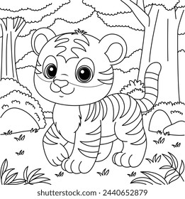 Cute Kawaii Tiger in the Forest Cartoon Character Coloring Page Vector Illustration