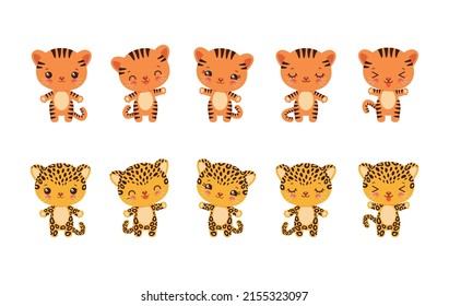 Cute kawaii tiger and leopard emoji icons. Adorable little cheetah or jaguar cartoon character. Little tiger, leopard, cheetah showing various emotions - cheerful, happy, calm, wawing hand paw.