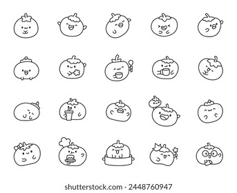 Cute kawaii tomato character. Coloring Page. Happy vegetable cartoon food. Hand drawn style. Vector drawing. Collection of design elements.
