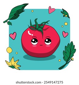 Carácter lindo del tomate de Kawaii con las hojas verdes, los corazones, y los Elementos decorativos – ilustración adorable de la historieta para los niños y los Diseños con temática de la comida