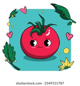 Carácter lindo del tomate de Kawaii con las hojas verdes, los corazones, y los Elementos decorativos – ilustración adorable de la historieta para los niños y los Diseños con temática de la comida