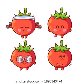 Cute and Kawaii Tomatoes Sticker Illustration Set With Various Activity and Expression (Workout, smile, glasses, upset) for mascot