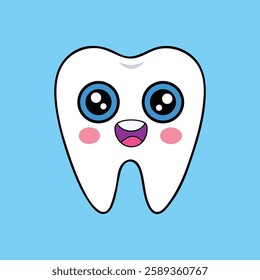 Cute Kawaii Tooth Cartoon with Big Eyes and Smile on Blue Background