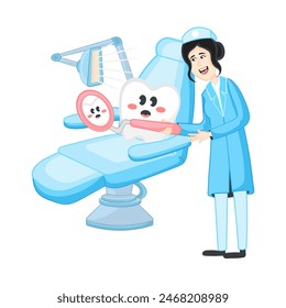 Cute kawaii tooth character sitting in dental chair with woman doctor holding instruments in cartoon style for banner design