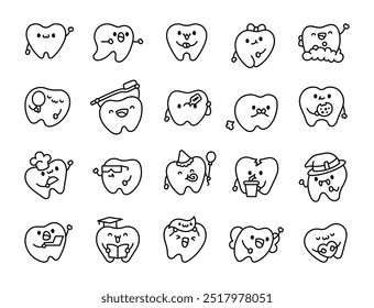 Cute kawaii tooth. Coloring Page. Funny cartoon character. Hand drawn style. Vector drawing. Collection of design elements.